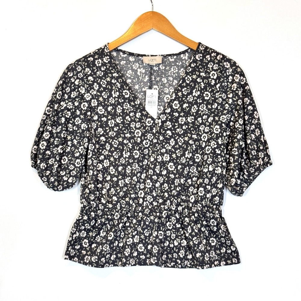 LOFT Outlet Blouse Women Medium Black Floral Peplum Smocked Cottagecore NWT